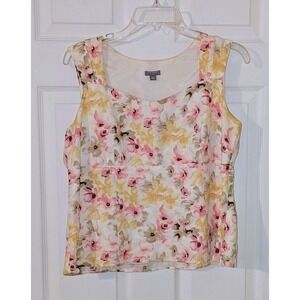 Ann Taylor‎ Floral  Linen Blend Tank Top Sleeveless Square Neck Pink Yellow 14 P